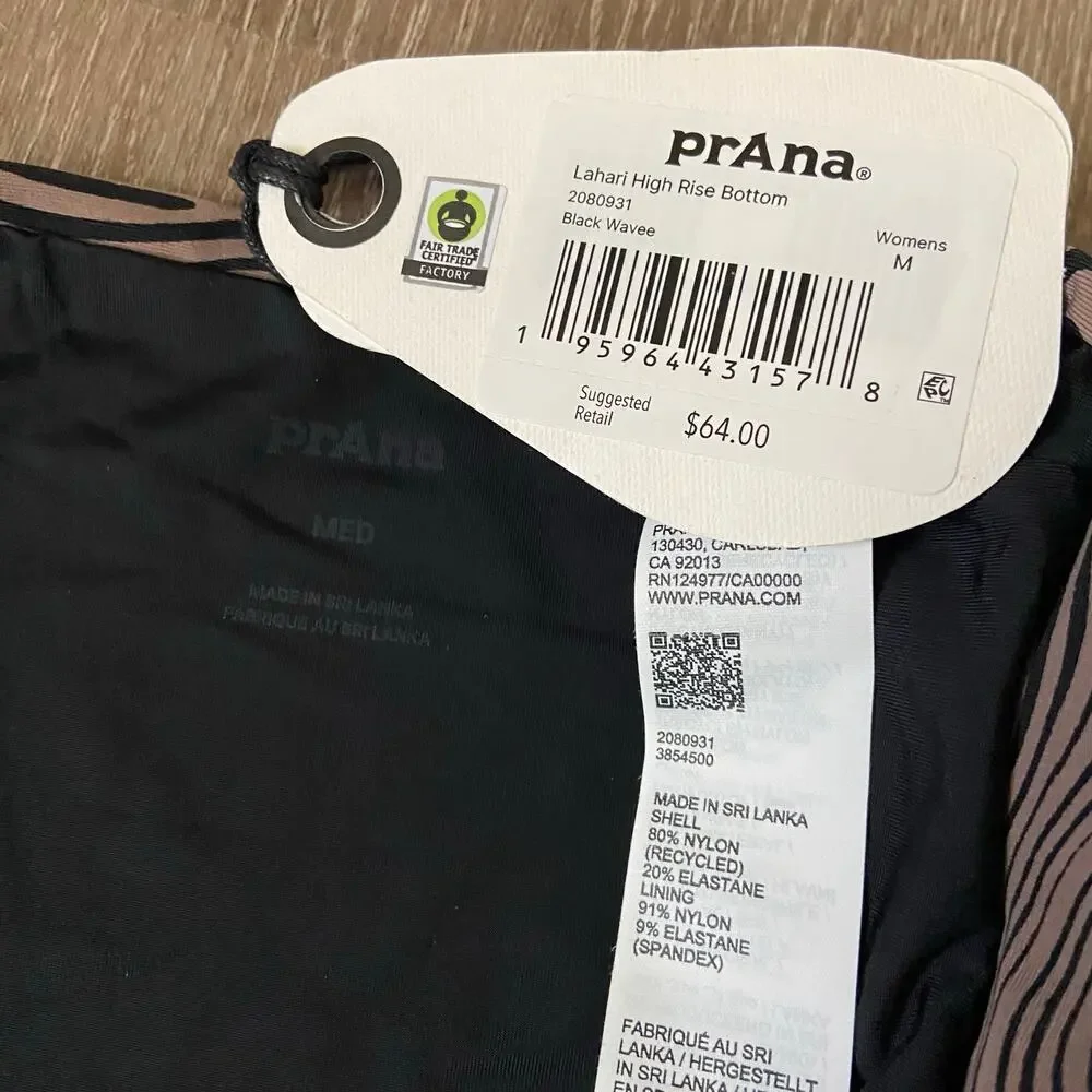 Prana Lahari High Rise Swim Bottom Women's M Black Wavee Cheeky Brief Sporty
